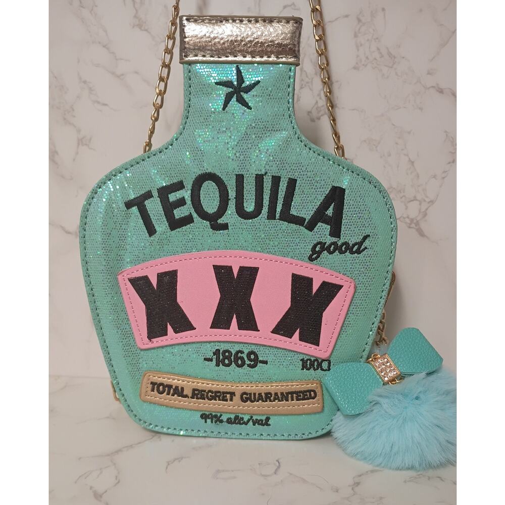 BAM FOREVER Blue Glitter Tequila Bottle Novelty Crossbody Bag w/ Charm - NWOT